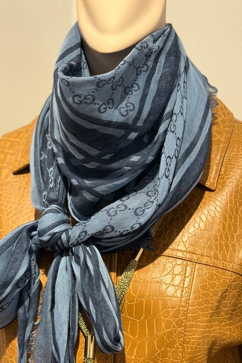 Gucci GG Triangle blue silk scarf