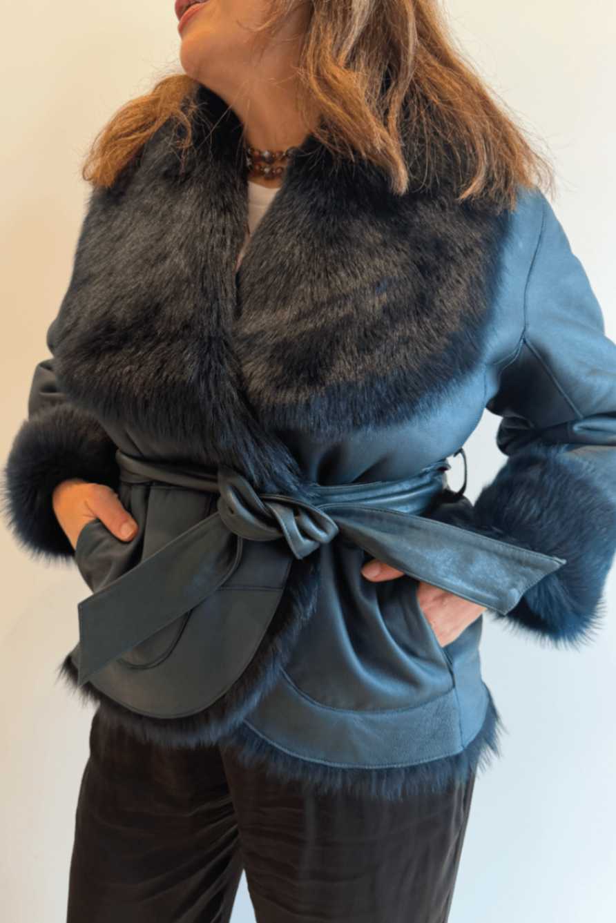 Sass and Bide Young Melody Reversible Shearling Coat Ocean Deep M
