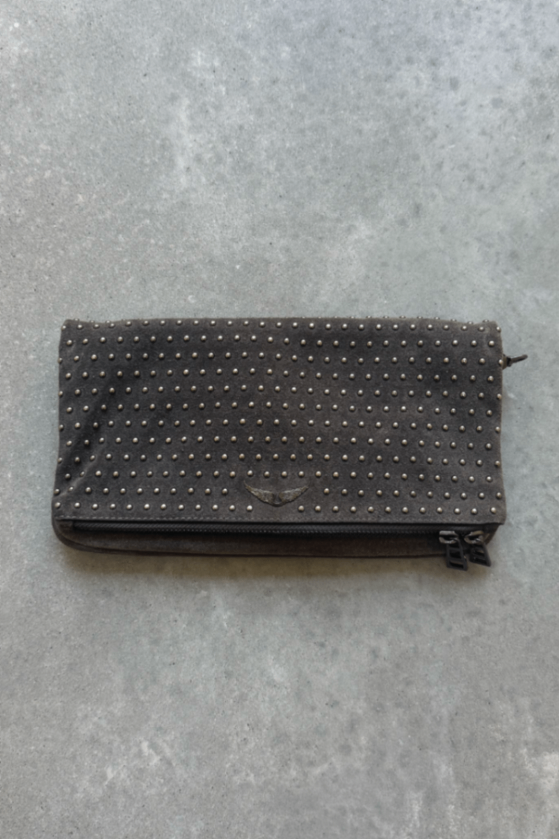 Zadig Voltaire grey suede Rock clutch crossbody