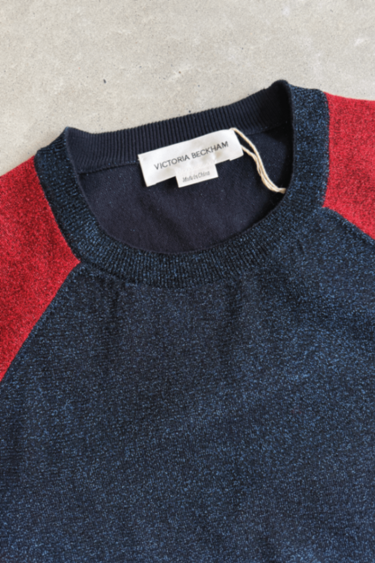 Victoria Beckham colourblock Lurex navy red jumper XL (RRP $650)