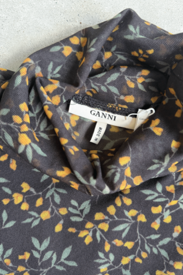 Ganni turtleneck black flower mesh top 42