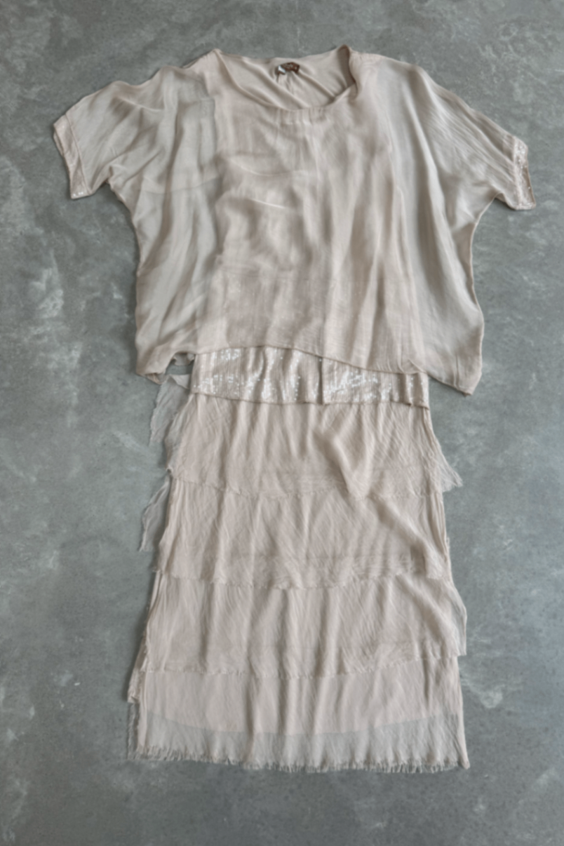 La Strada Nude tiered silk dress S