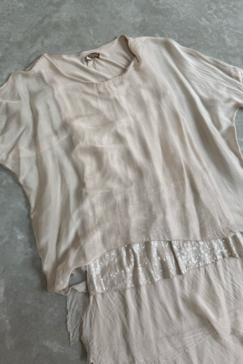 La Strada Nude tiered silk dress S