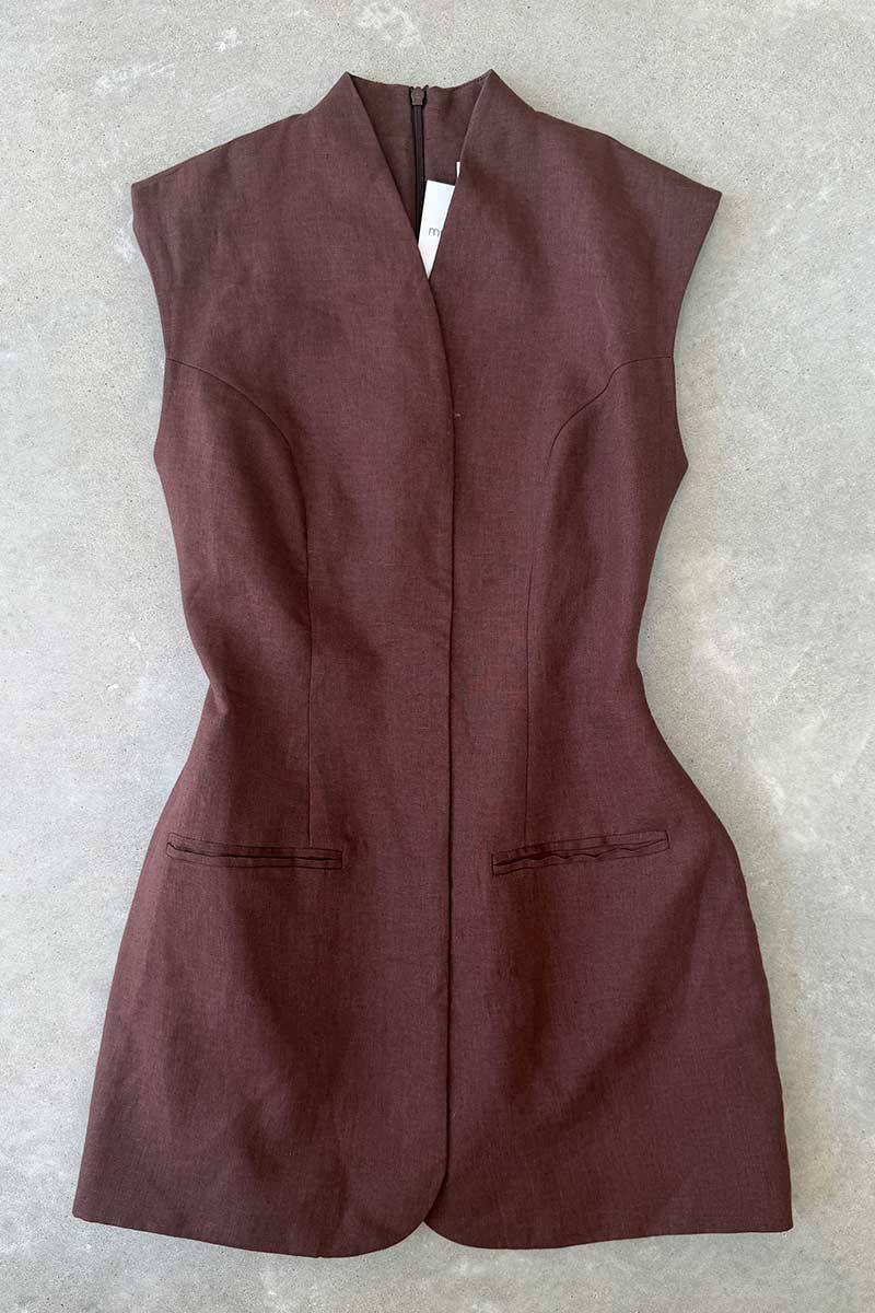 Capsule brown linen mini dress S