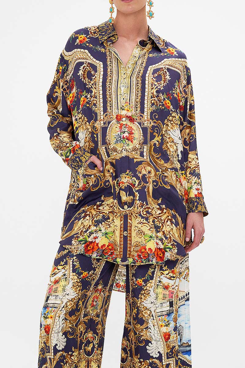 Camilla Navy Shirt and Pant Silk Set M