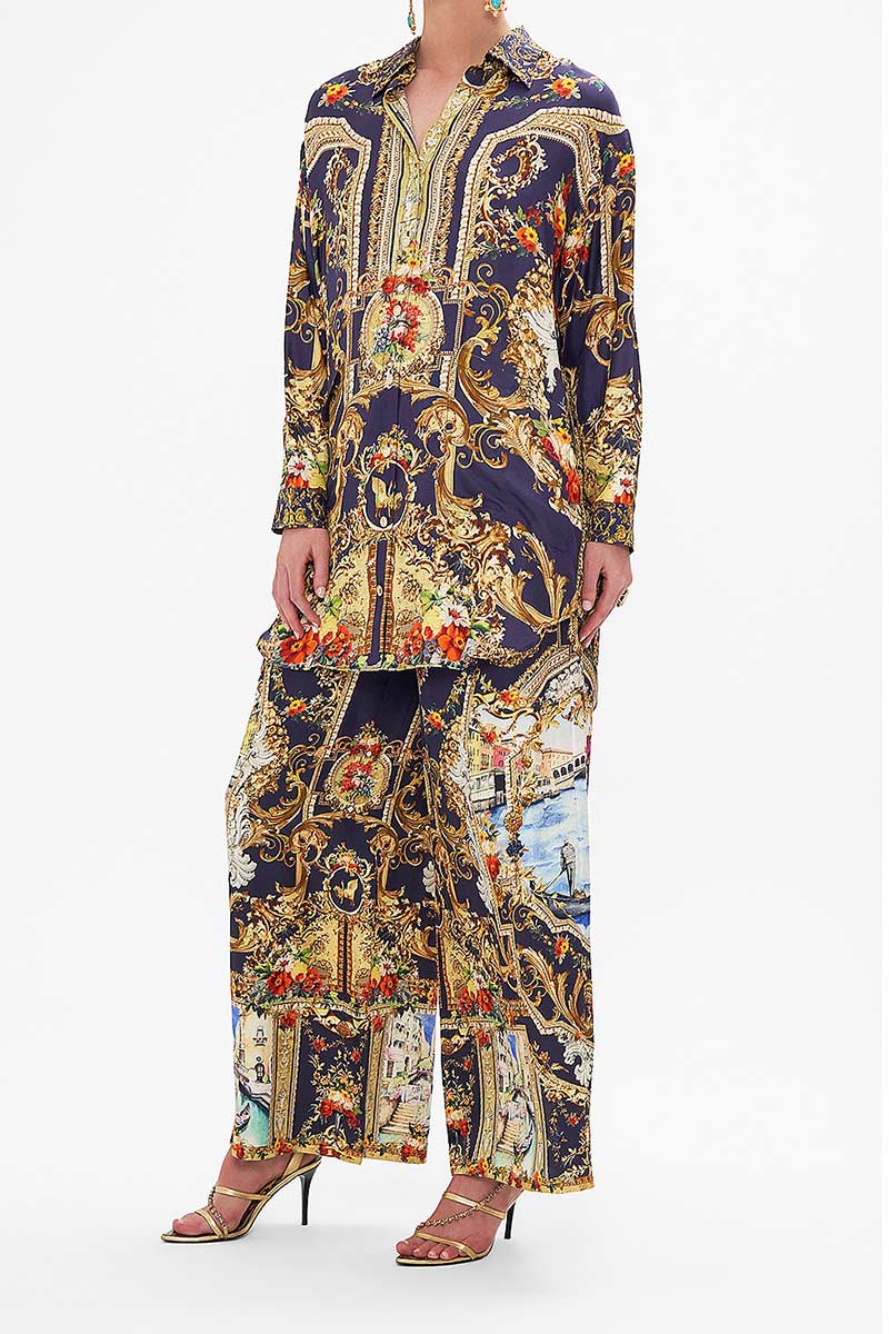 Camilla Navy Shirt and Pant Silk Set M