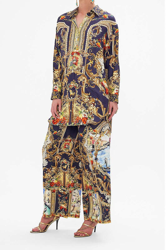 Camilla Navy Shirt and Pant Silk Set M