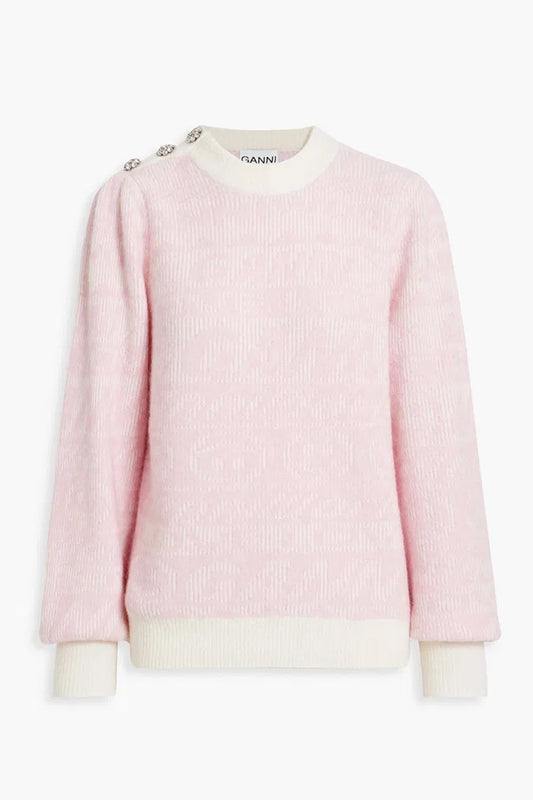Ganni Crystal-Embellished Jacquard-Knit Sweater M