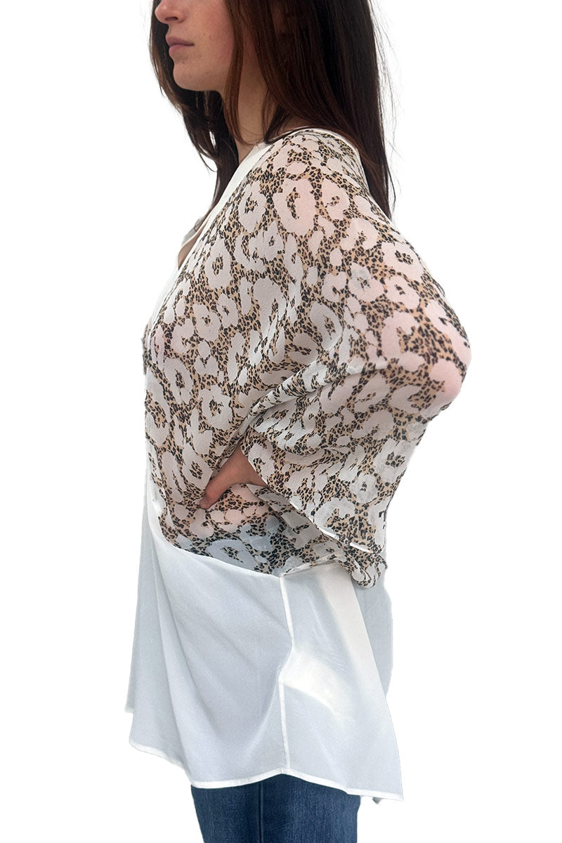 Roberto Cavalli white leopard sheer Silk top L