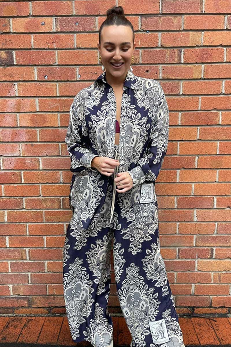 Zimmermann Pattie Relaxed Navy Silk Shirt and Draw Waist Pants 1