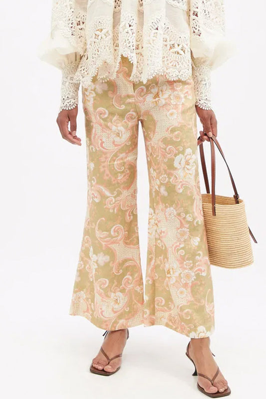 ZIMMERMANN Postcard Floral-Print Linen Flared-Leg Trousers OP