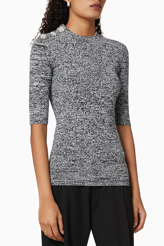Ganni Melange Ribbed Knit Crystal Embellished Buttons T-Shirt M